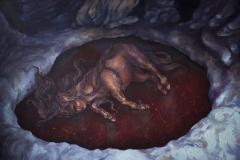 Zuzanna Romańska, Ten, który śpi, jest tylko kamieniem, tempera jajowa i olej na płótnie, 90 x 60 cm, 2023